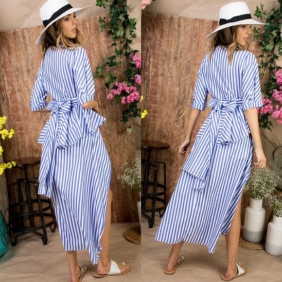 Striped Button Ruffle High Low Maxi Top - Picture 4 of 4